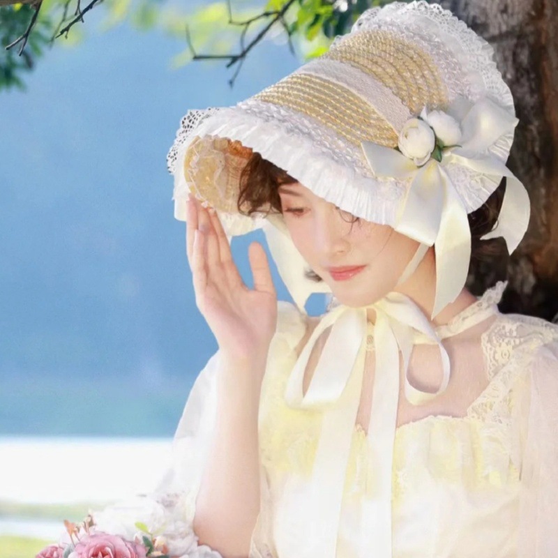 ボネットわら麦わら帽子装飾ロリータ服ライトドレスアクセサリーマルチカラーレースアップ弓女性の帽子