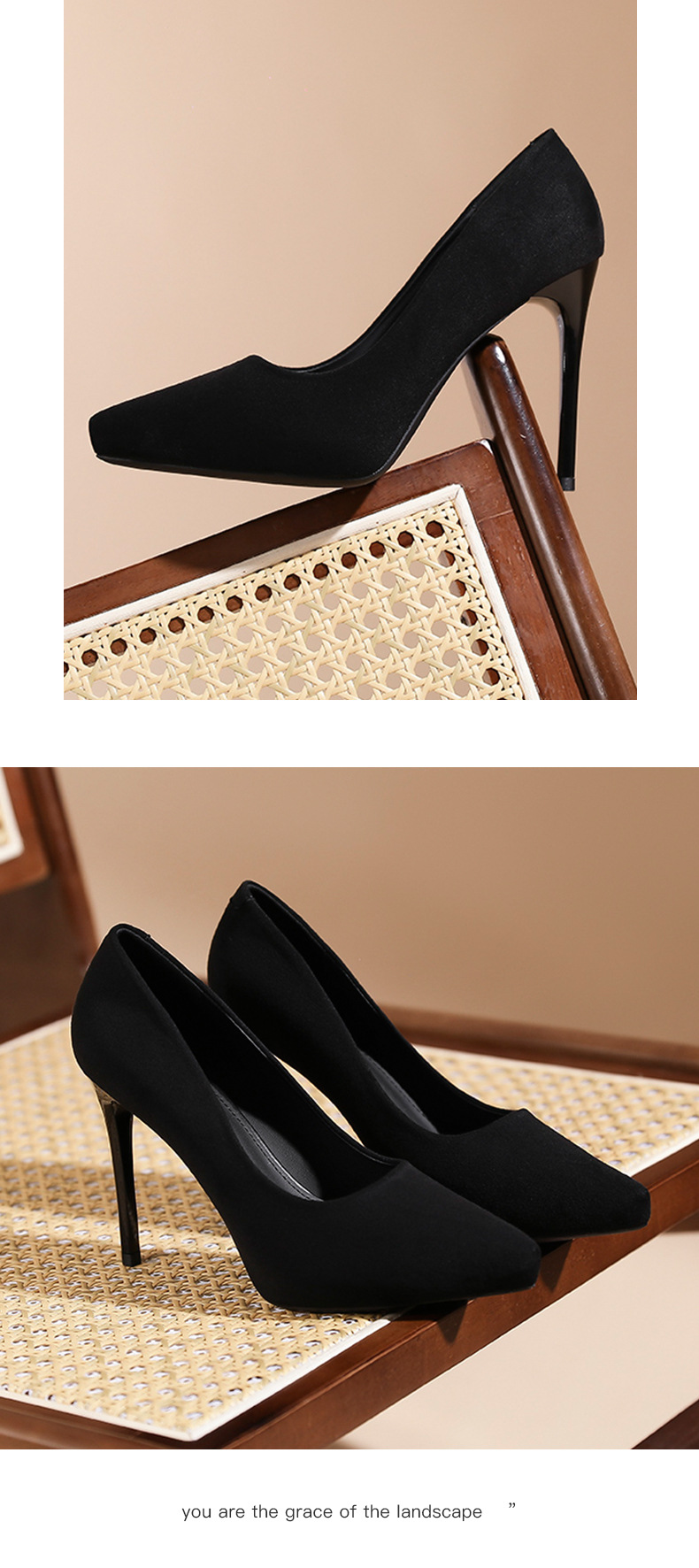 Giày cao gót nữ mũi nhọn da lộn, gót 8 cm, đế chống nước tăng chiều cao bên trong — Nhung đen-8cm chi tiết 8