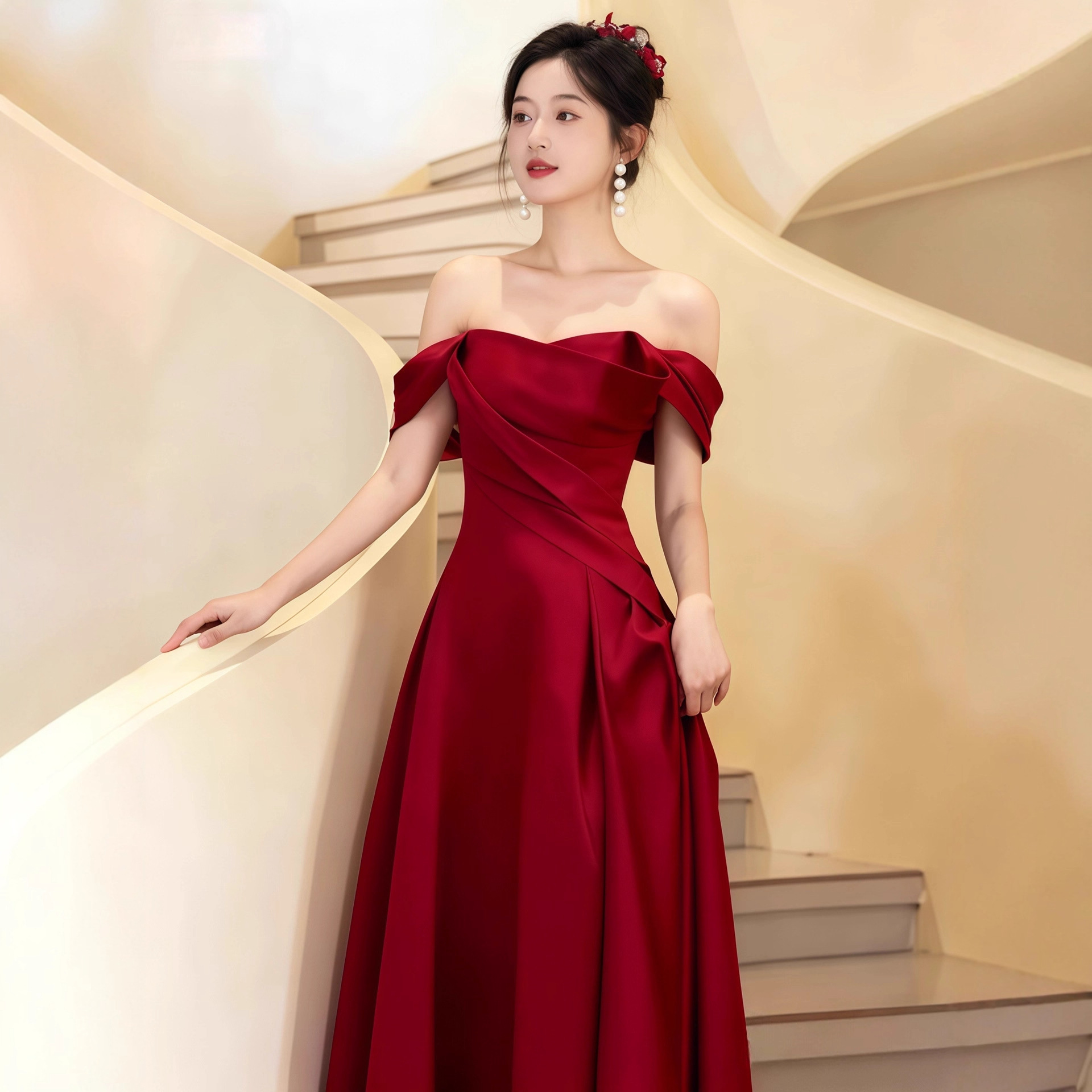 Designer Evening Gown with Off-Shoulder Design, High Waist, Slimming Effect, Long Style, High-End Feel, Suitable for Vocal Performance Exams, Host Events, and Balls