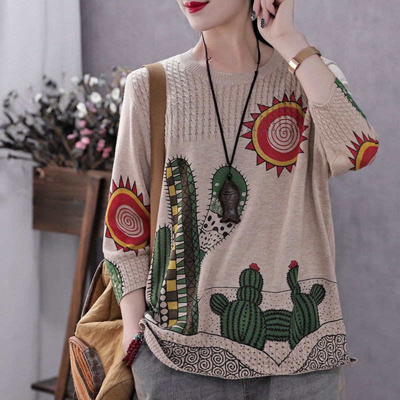 Retro Round Neck Printed Three-Quarter Sleeve Knitwear for Women Spring & Fall New Loose Slimming Look Knitwear Top Thin Bottoming Shirt