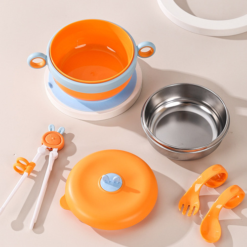 儿童辅食保温碗婴儿哺食餐具316不锈钢注水碗三层隔热注水碗