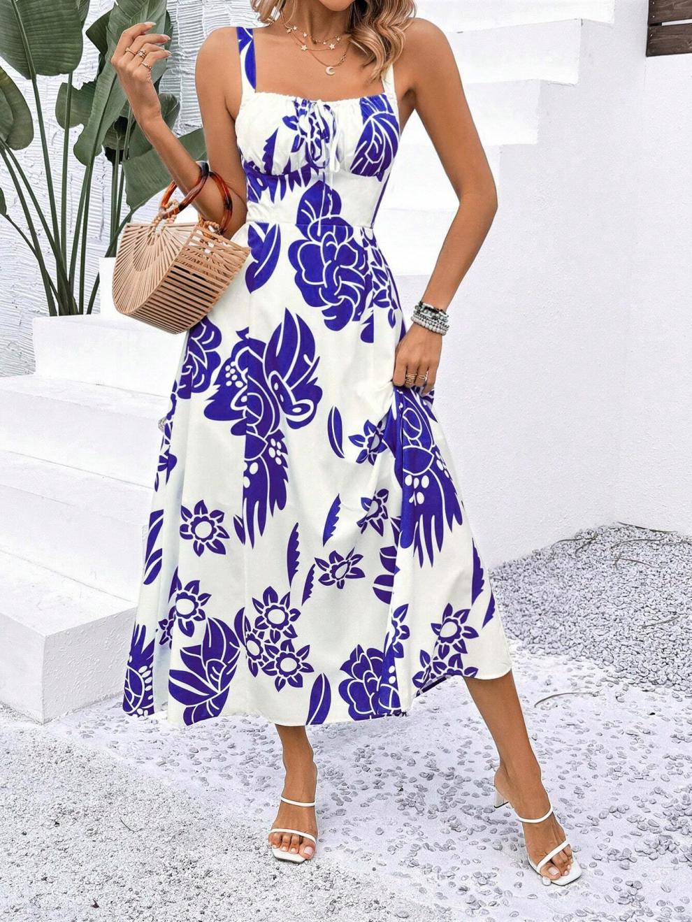 227g Weight Midi Dress Dress Length Type Sleeveless Sleeve Length Strap Dress Dresses Type Sleeveless Sleeve Type Polyester Fabric Type Elastic Waist Waist Line Holiday Occasion Strap Neckline Regular Fit Fit Type Flower Pattern Summer Season Women's Gender Streetwear Style Wholesale Women's Streetwear Flower Holiday Strap Sleeveless Strap Dress 18