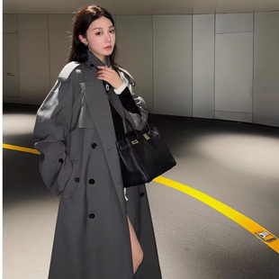 300kg lapel double-breasted trench coat women's autumn loose high-end lace-up silhouette long coat