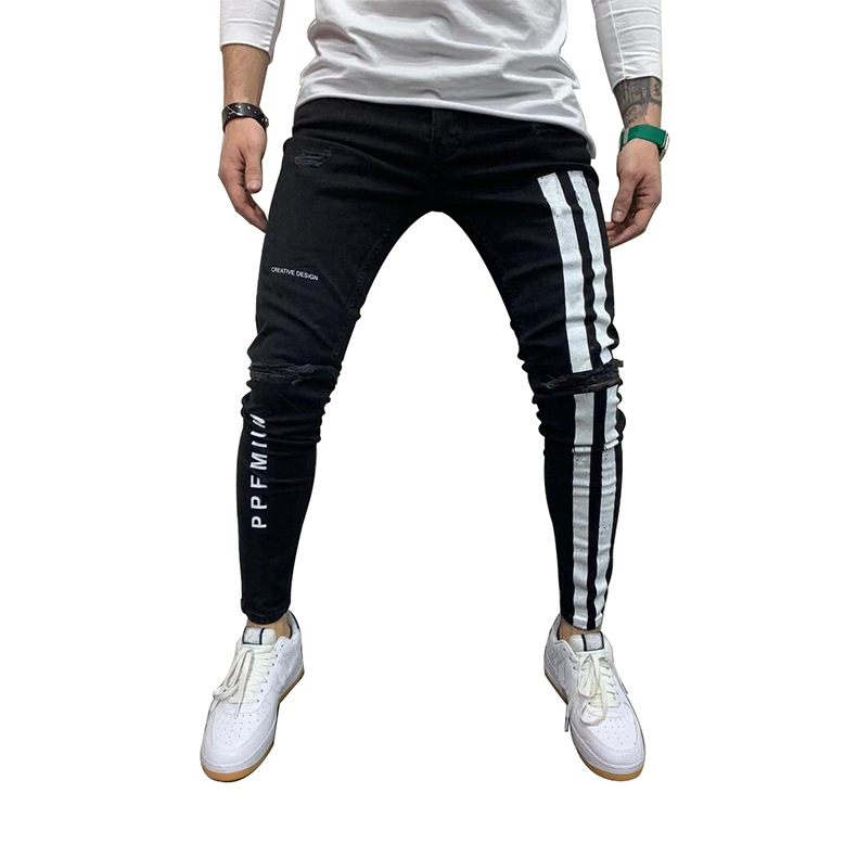 Perforerade elastiska tighta tryckta jeans för män herr 8824_voghion.com