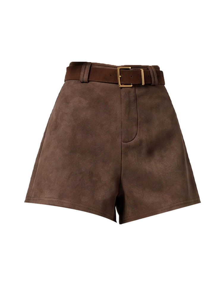 Quần short nữ da lộn cạp cao dáng rộng chữ A kèm thắt lưng — Màu nâu cà phê phối thắt lưng, Đen phối thắt lưng