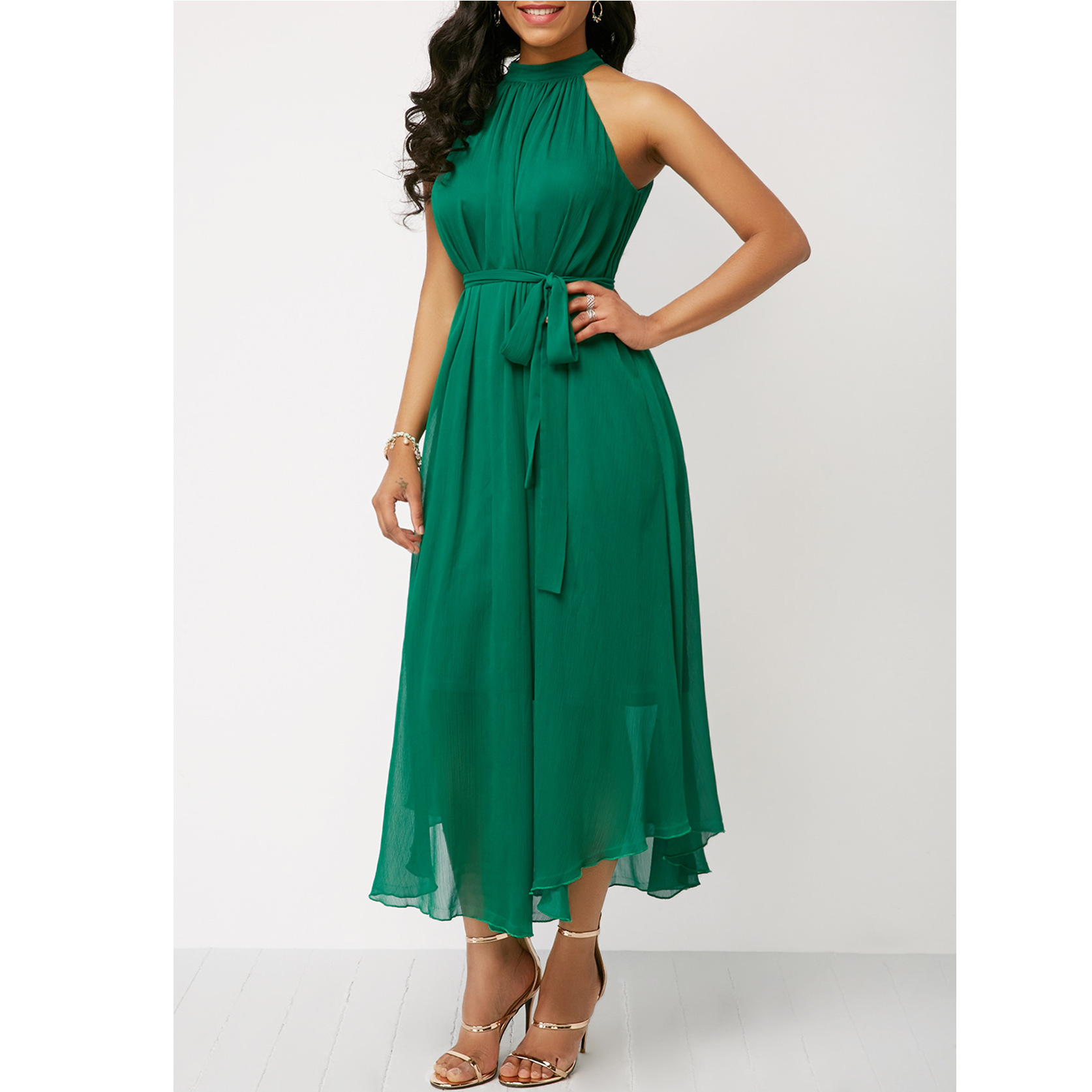 European and American spring and summer halterneck off-shoulder chiffon pleated dress plus size brand women's clothing cross-border supply_senzul.com