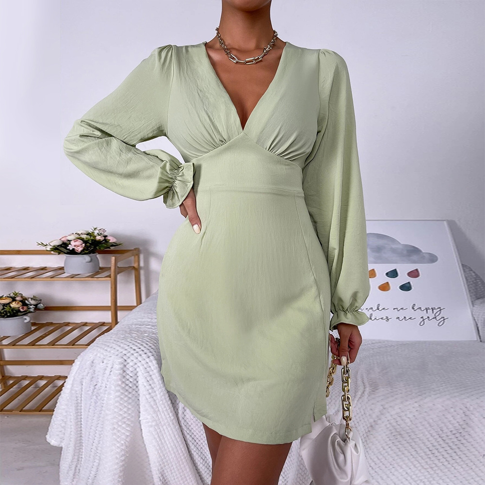 green V-neck low-cut long-sleeved slit dress NSYSQ111372