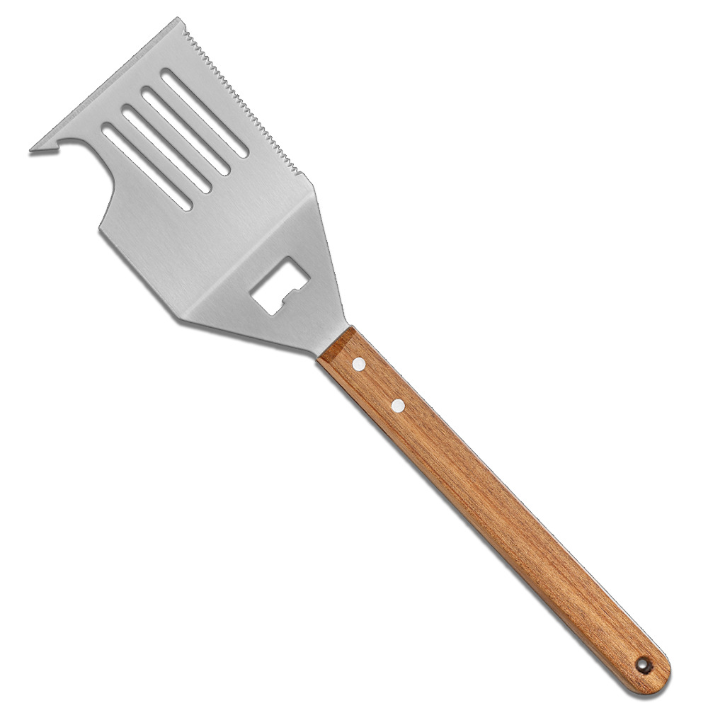 Spatula para barbacoa Spot Amazon con cuchillo y tenedor, herramienta para barbacoa cinco en uno, abridor de botellas, espátula para tenedor con mango de madera multifuncional