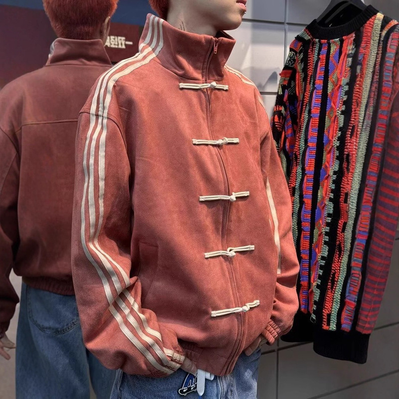 Blue and White Spliced ​​Three-Stripe Stand-Up Collar Jacket for Men in Autumn Suede, New Chinese Style Disc Button High-End Tang Suit Top