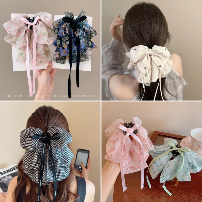 vintage floral bow claw clip women‘s new half tie barrettes back head updo shark clip hair accessories