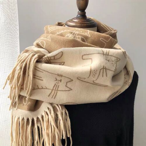  New Thick Tassel Scarf Women's Cat Print Imitation Cashmere Shawl Autumn and Winter Warm Scarf