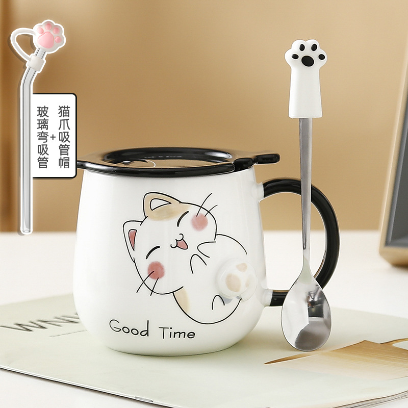 Taza de gato Mark con tapa Cuchara Taza de agua de cerámica Taza de pareja de dibujos animados de cerámica para hombres y mujeres Taza de desayuno de café de oficina