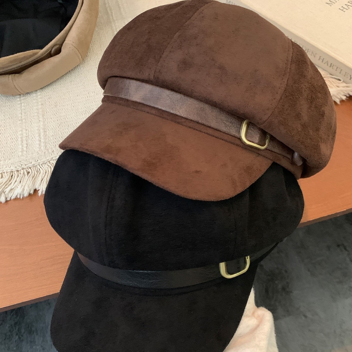 Deerskin velvet bean octagonal hat - coffee color