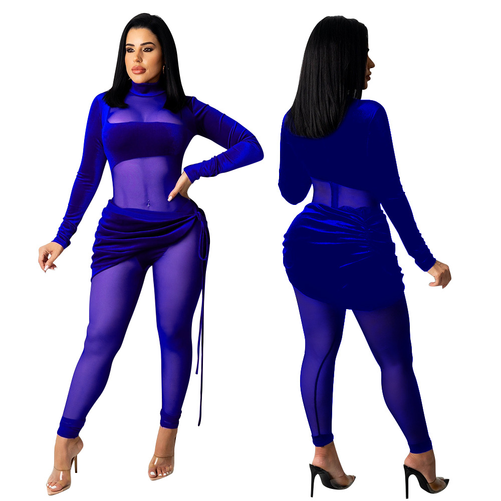 Women's fashion sexy mesh velvet splicing solid color jumpsuit_voghion.com