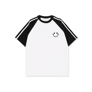 Pure Cotton American-Style Striped Patchwork Color-Block Short-Sleeve T-Shirt for Women, Summer Trendy Couple's Loose Half-Sleeve Top Versatile for Men