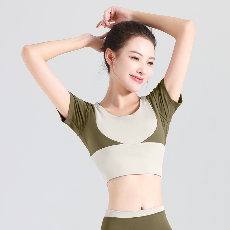 Juyitang color matching ombligo de manga corta deportes fitness top de secado rápido sin desgaste sujetador de yoga apretado de manga corta de las mujeres