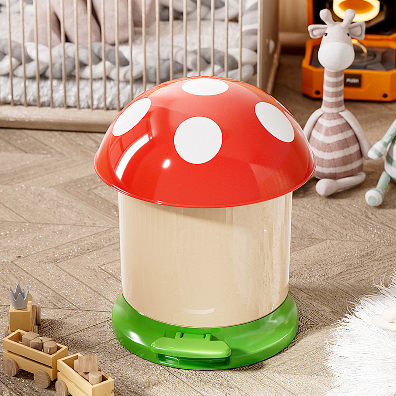 Children's Mushroom Trash Can, Cute with Lid and Inner Bucket, Foot-Operated Paper Basket Decoration, Household Bedroom Trash Can, Round Bucket