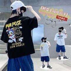 國潮夏季2024新款棉短袖圓領t恤卡通潮流男童休閒時尚男孩上衣潮