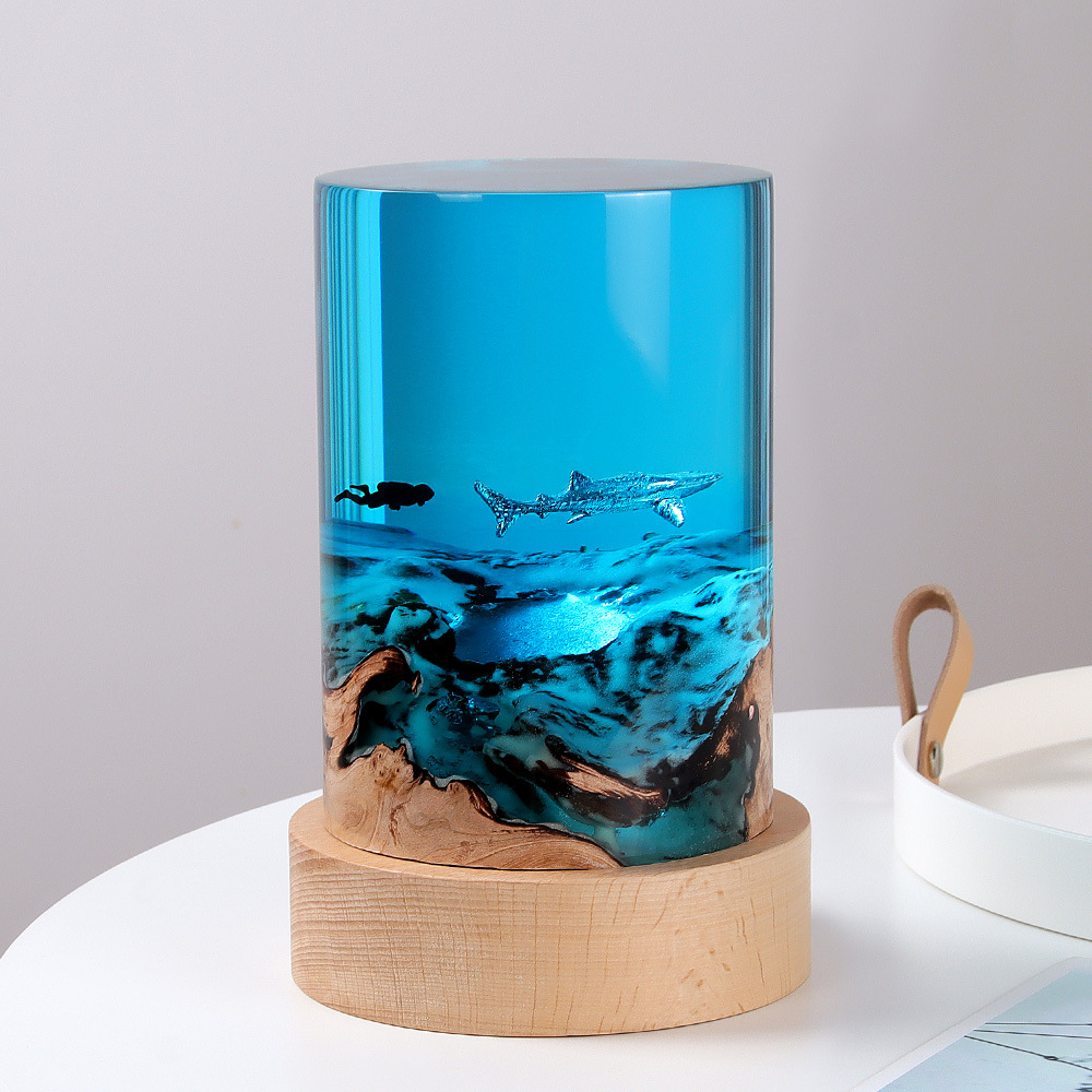 Handmade Micro Landscape Ornaments Ocean Turtle Whale Shark Diver Creative Desktop Cylinder Solid Wood Resin Night Light