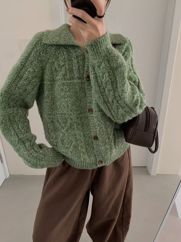 韩系复古翻领麻花针织开衫女装2025秋冬新款软糯宽松慵懒毛衣外套|undefined