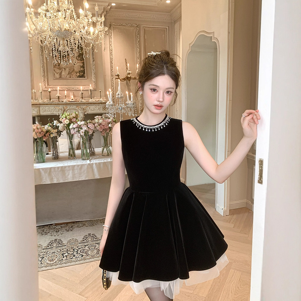 Mesh Hepburn Evening Dress Autumn and Winter New Velvet Elegant Little Black Dress Annual Party Dress for Women Amazon