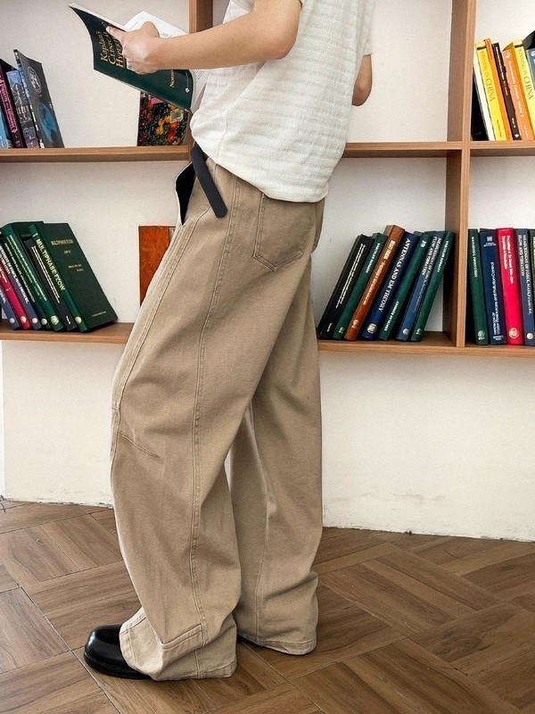 水洗做旧卡其色工装弯刀裤男款复古百搭松弛感宽松直筒阔腿休闲裤|undefined