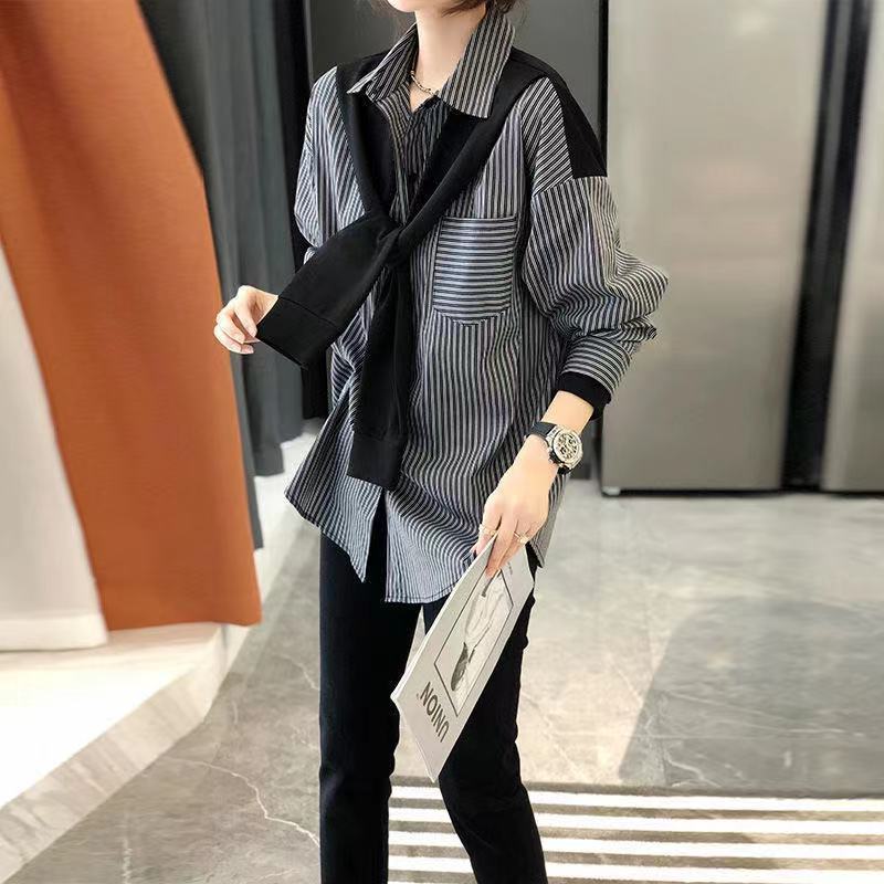 Women's Clothing Cool women's clothing black and gray striped tops shirts women's design sense fashion outer wear versatile temperament new_voghion.com