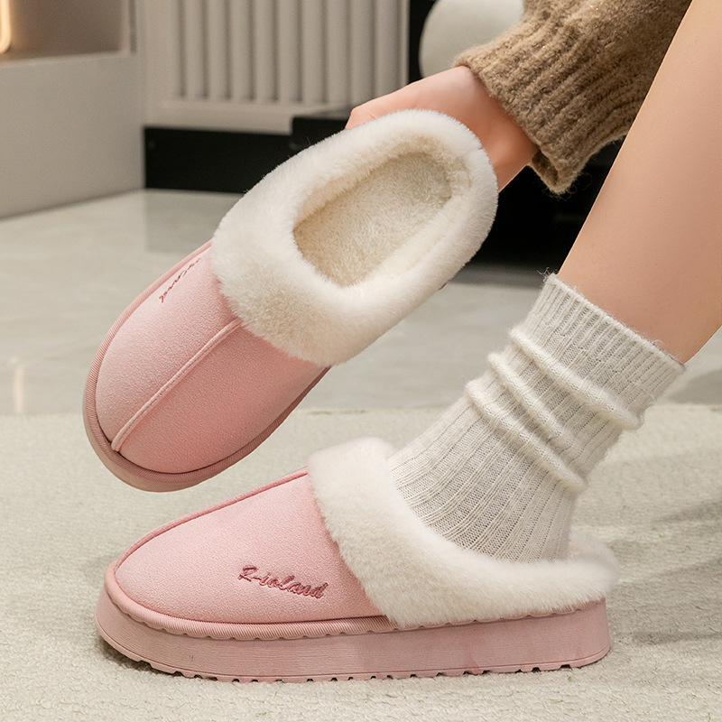 Zapatillas de algodón rojo para mujeres otoño y invierno en el hogar dormitorio calentamiento zapatos de lana suave cómodos zapatos de terciopelo al por mayor