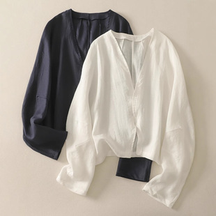 Ramie White V-Neck Short Outwear Women's Summer Outer Shawl Cardigan Top Casual Thin Long-Sleeved Sun Protection Shirt