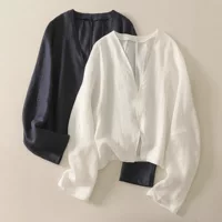 Белая короткая верхняя одежда Ramie с v-образным вырезом, женская летняя верхняя шаль, кардиган, повседневная тонкая солнцезащитная рубашка с длинными рукавами