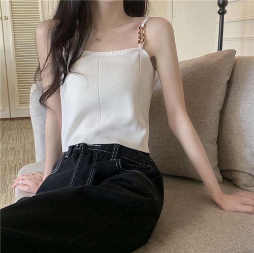 Black chain knitted camisole women's outer wear  new summer Korean style versatile sleeveless short top