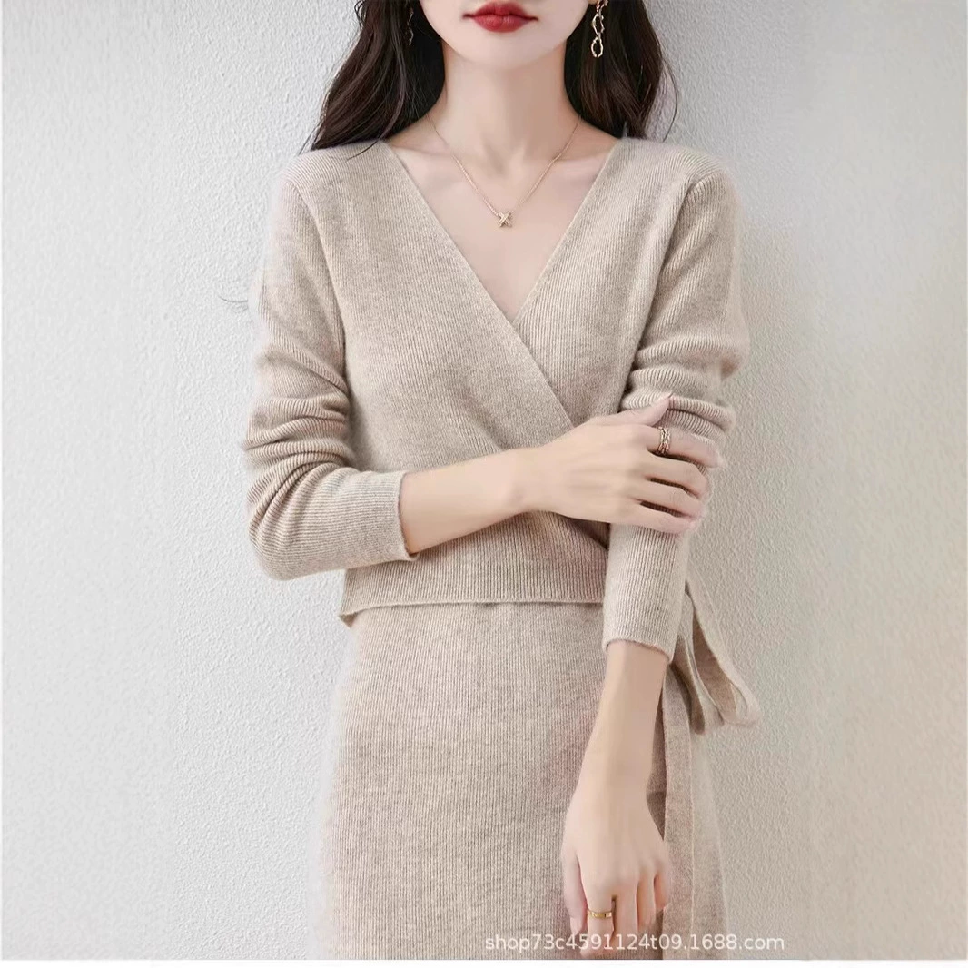 Платье осеннее и зимнее французское платье с длинными рукавами для женщин высокого уровня с V-образным вырезом кимоно