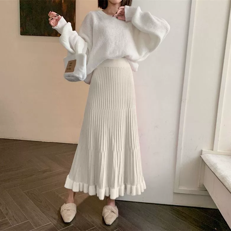 2023 осень-зима Новая трикотажная юбка средней длины в Корейском стиле с подолом, свободная тонкая плиссированная юбка с высокой талией