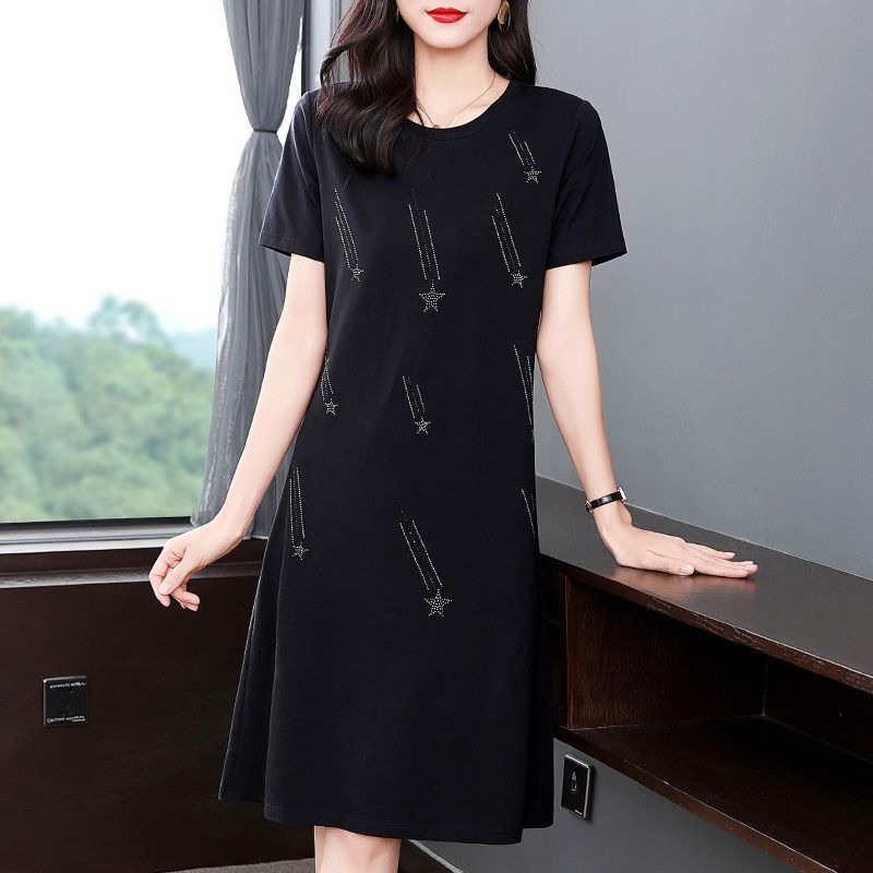 妈妈装洋气显瘦连衣裙2025夏季中老年女装圆领套头印花短袖裙子