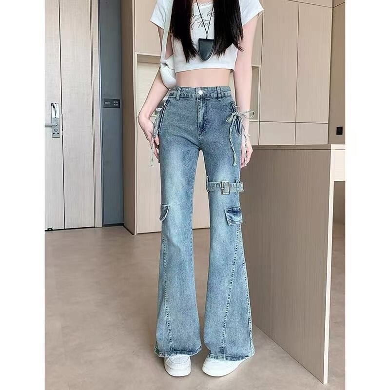 American Retro Spicy Girl Lace-Up Cargo Jeans for Women, Autumn Niche Design, Slim Fit, Flared Long Pants