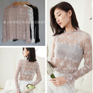 Livi Horn Sleeve Full Lace Hollow Sexy Meat Half-high Neck Long Sleeve Base Shirt Sexy Slim X1193