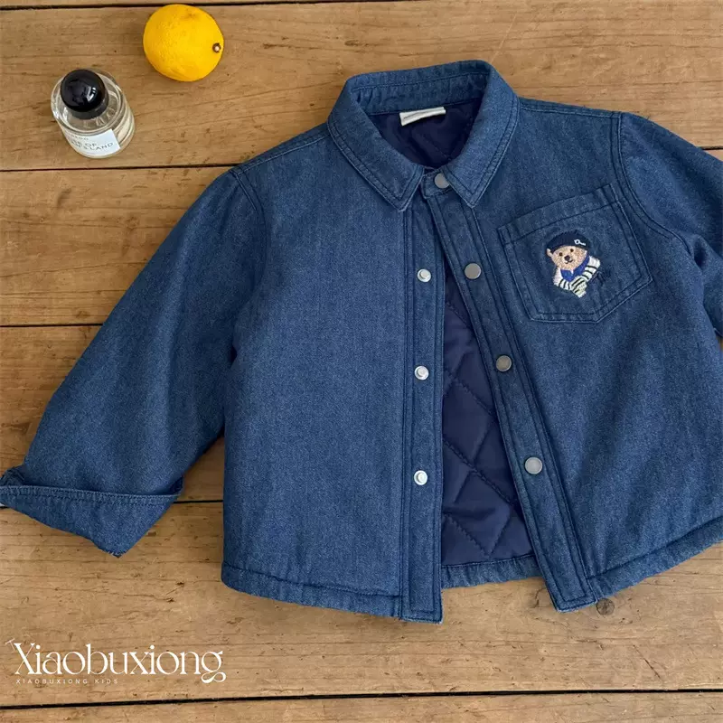 小布熊儿童夹棉外套25冬款男童卡通小熊牛仔衬衫女童洋气加棉衬衣