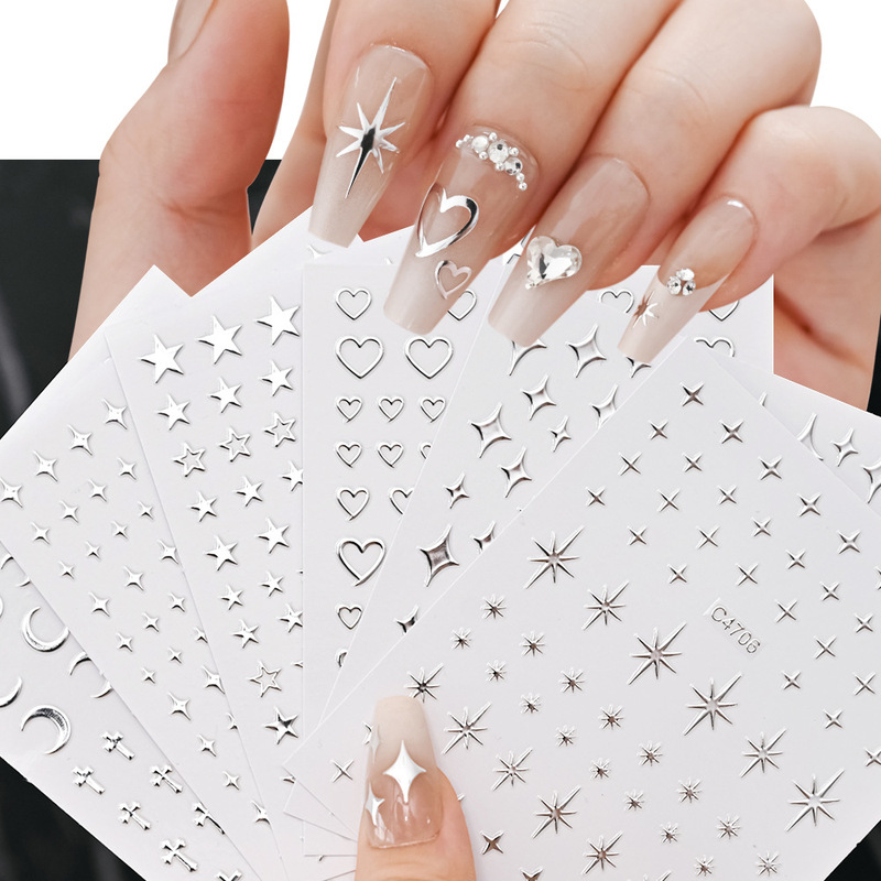New liquid metal silver nail sticker y2g Millennium style Cross Heart star love small size pattern nail sticker New liquid metal silver nail sticker y2g Millennium style Cross Heart star love small size pattern nail sticker