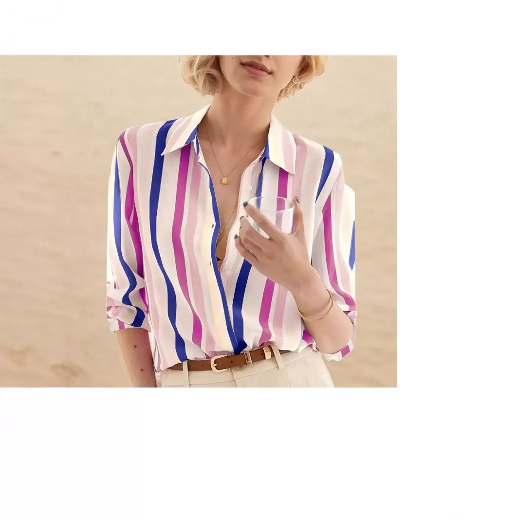 跨境外贸撞色气质条纹衬衫女2024春夏新款休闲时尚翻领宽松显瘦长