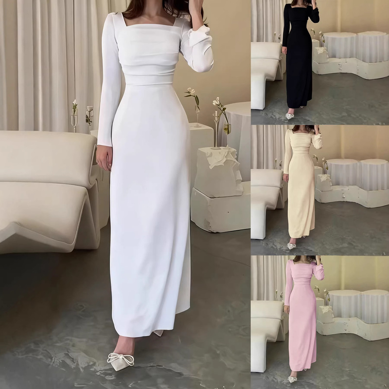 European and American Cross-Border 2025 Autumn and Winter Women's Elegant Casual Knitted Dress Long Skirt Square Neck Long-Sleeved Slim Skirt for Women