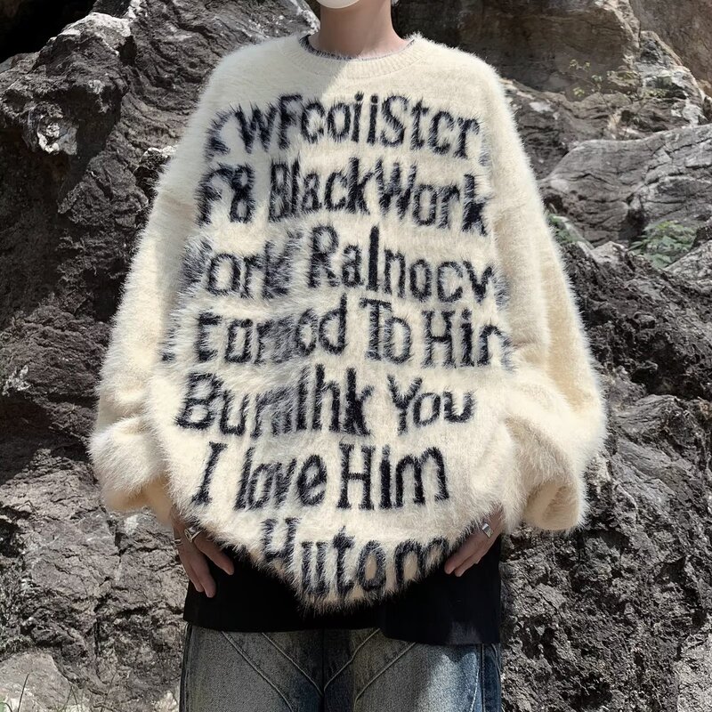 Autumn and Winter Trendy Knitwear Letter Jacquard Crewneck Thickened Sweater All-match Loose Top Cool Cool Warm Windproof