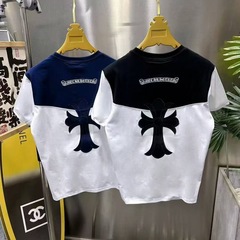 2025撞色十字架拼接新款圆领时尚贴布T恤夏季休闲刺绣百搭短袖男