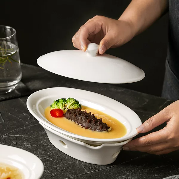 Fish Plate with Stove Candle Heating Dry Pot Plate Insulation Stove Hotel High-End Restaurant Special Tableware Ceramic Plate Commercial