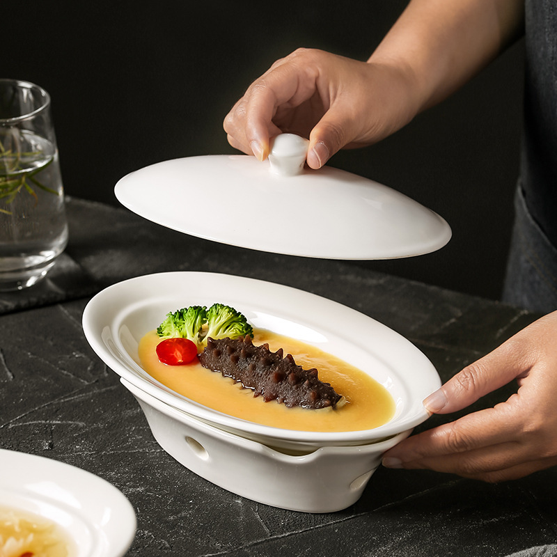 Fish Plate with Stove Candle Heating Dry Pot Plate Insulation Stove Hotel High-End Restaurant Special Tableware Ceramic Plate Commercial