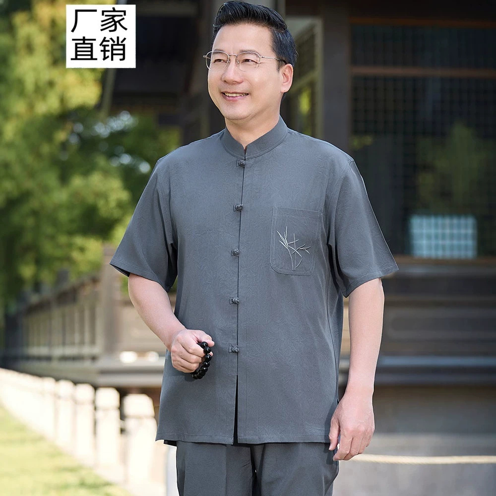 New Chinese style summer two-piece suit for middle-aged and elderly men, Tang suit, 2026 new style, short-sleeved clothes for grandfathers.