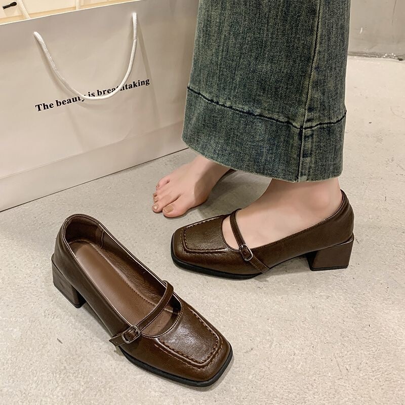 Ankela Red Vintage Square-Toed Shallow JK Leather Shoes 2024 French Style Mary Jane Women's Shoes Ankela Red Vintage Square-Toed Shallow JK Leather Shoes 2024 French Style Mary Jane Women's Shoes