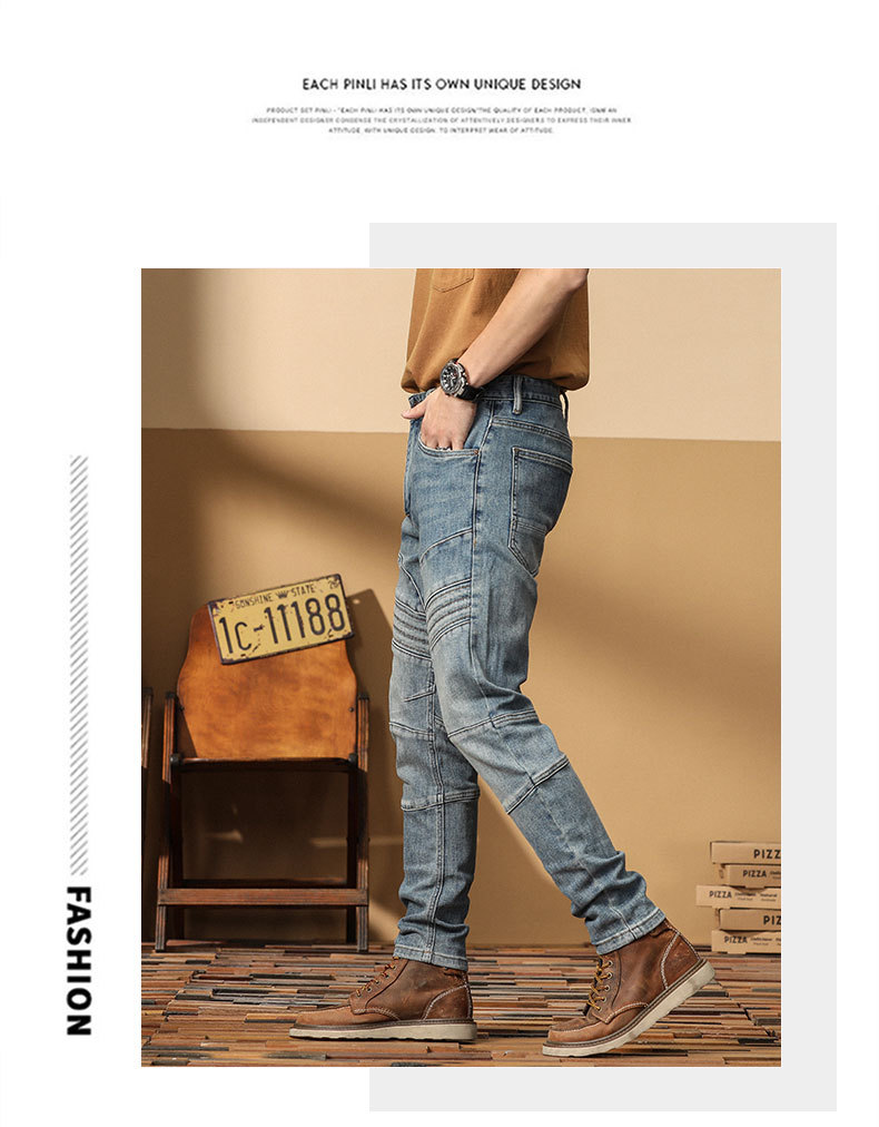 Nouveaux jeans de moto de marque de mode coréenne Slim Fit petits pieds haut de gamme décontracté polyvalent élastique denim pantalons pour hommes_voghion.com
