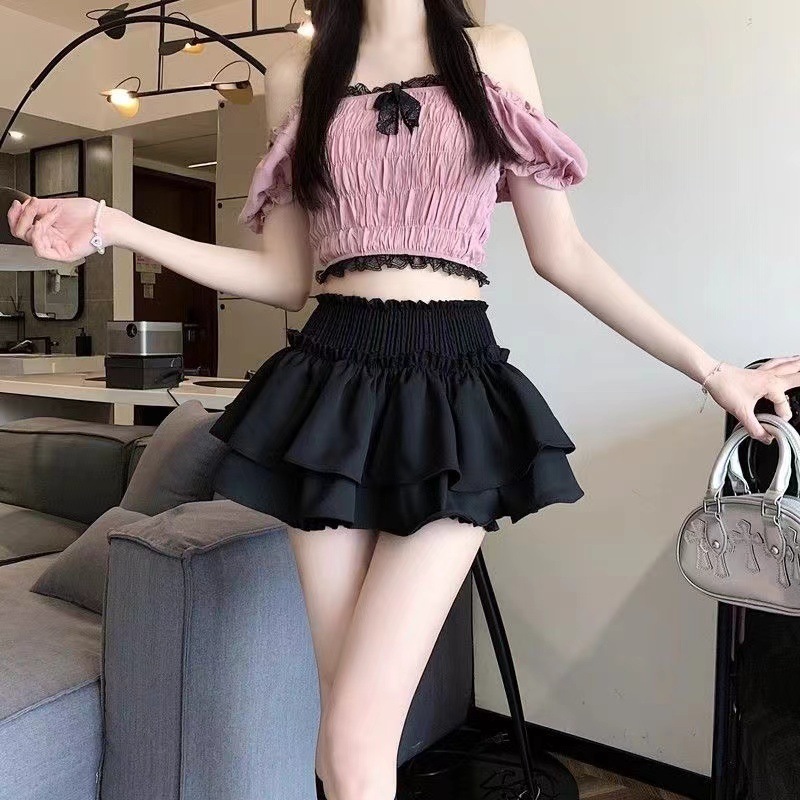 春の女性用ブラックバレエ風スカート、小柄な人向け、ハイウエスト、スリムデザイン、甘辛ケーキふわふわショートスカート|undefined