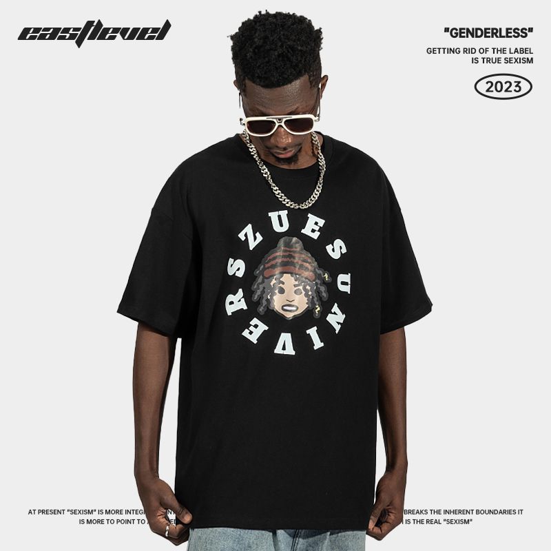 Street trendiges, kleines, schwarzes T-Shirt mit kurzen Ärmeln und lockerem Oversize-Design für Frühling/Sommer, Unisex_voghion.com