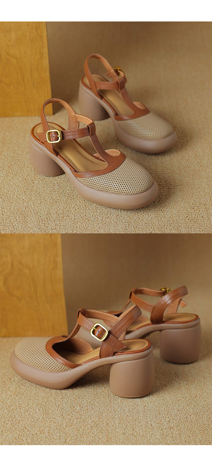 Sandal nữ da cừu đục lỗ bít mũi quai chữ T khóa cài đế dày gót cao — Màu đen chi tiết 20